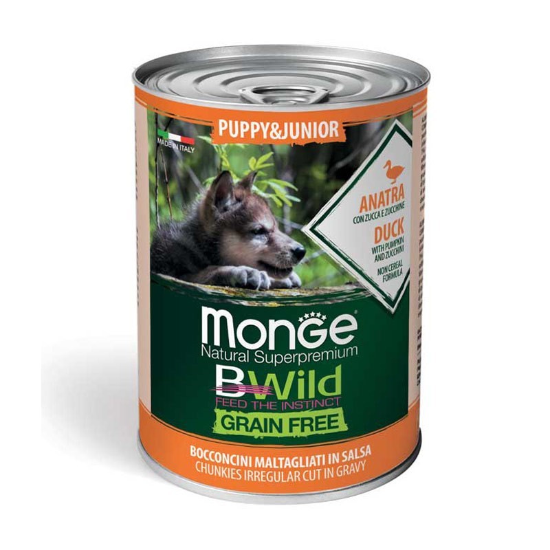 Image of Monge BWild Grain Free Puppy & Junior Anatra con Zucca e Zucchine Umido per Cani