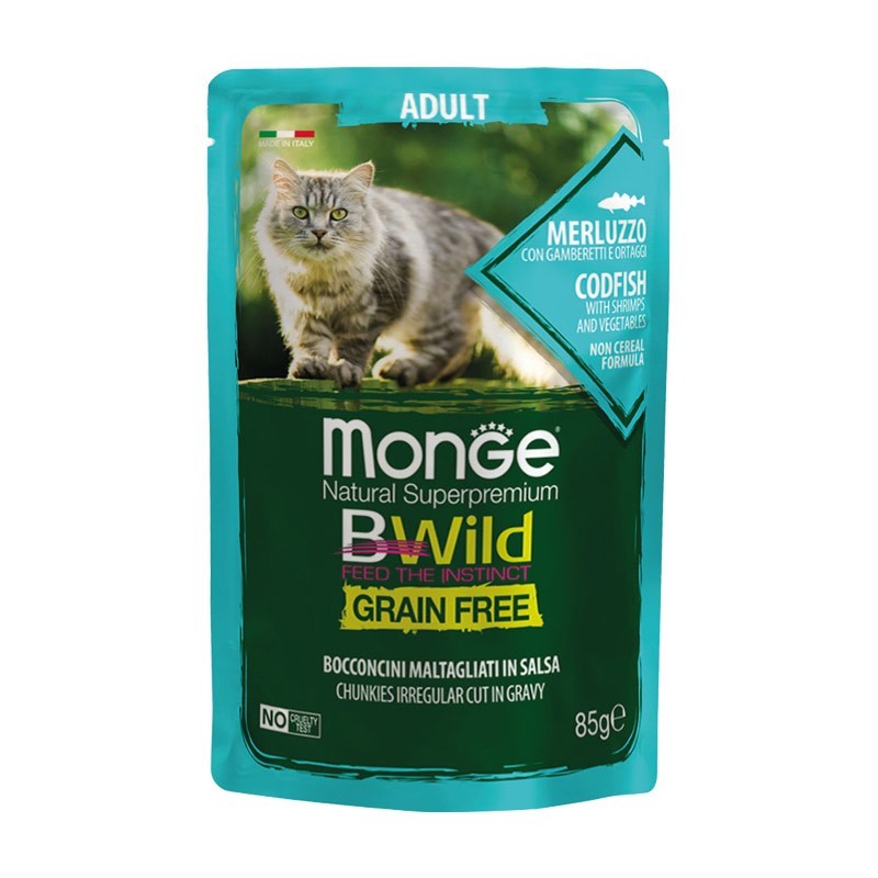 Monge BWild Grain Free Adult Merluzzo con Ortaggi Bocconcini in Salsa per Gatti