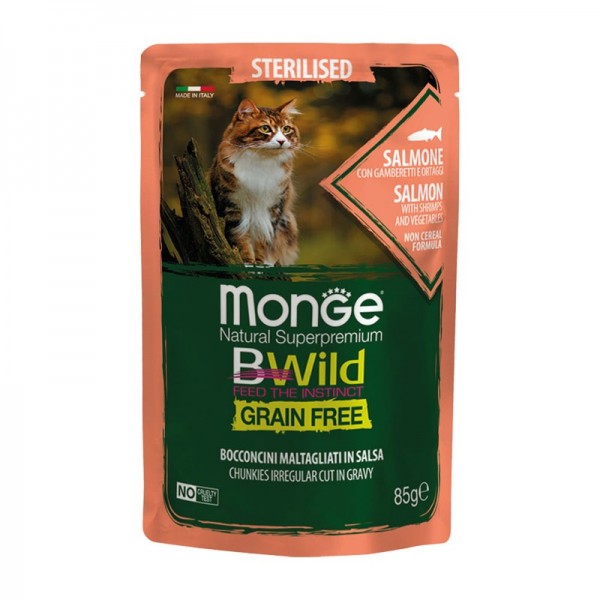 Monge Cat BWild Grain Free Sterilised Salmone con Ortaggi Bocconcini in Salsa per Gatti