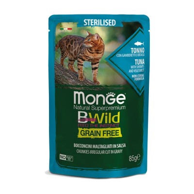 Monge Cat BWild Grain Free Sterilised Tonno con Gamberetti e Ortaggi Bocconcini in Salsa per Gatti