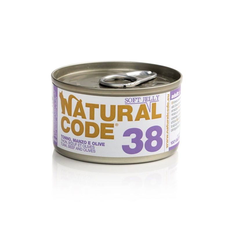 Image of Natural Code 38 Jelly Tonno, Manzo, Olive per Gatti 85gr