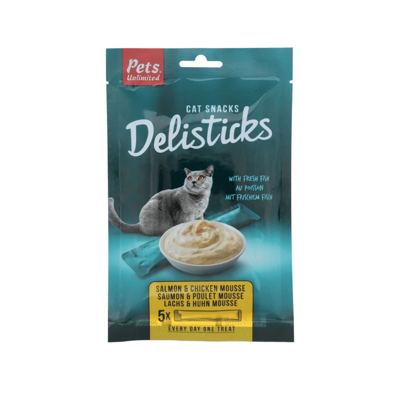 Image of Pets Unlimited Delisticks Mousse Salmone e Pollo Snack per Gatti